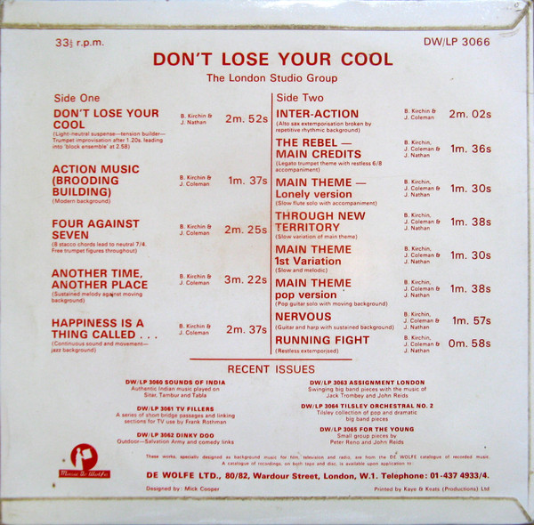 The London Studio Group - Don't Lose Your Cool | Music De Wolfe (DW/LP 3066) - 2