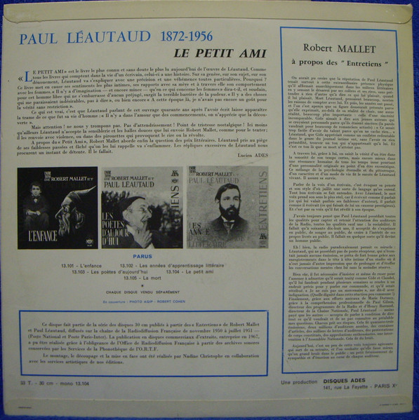 Paul Léautaud , Robert Mallet - Entretiens de Robert Mallet et Paul Léautaud : Le Petit Ami | Disques Adès (13.104) - 2 Paul Léautaud , Robert Mallet - Entretiens de Robert Mallet et Paul Léautaud : Le Petit Ami | Disques Adès (13.104) - 2