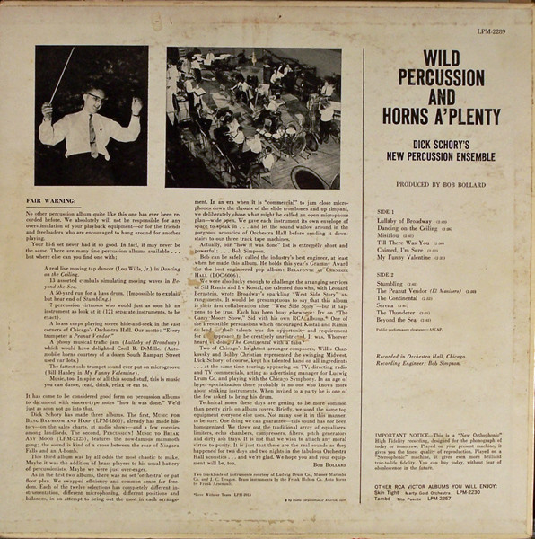 Dick Schory's Percussion And Brass Ensemble - Wild Percussion And Horns A'Plenty | RCA Victor (LPM-2289) - 2 Dick Schory's Percussion And Brass Ensemble - Wild Percussion And Horns A'Plenty | RCA Victor (LPM-2289) - 2