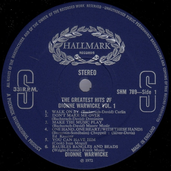 Dionne Warwick - The Greatest Hits Of Dionne Warwicke Vol. 1 | Hallmark Records (SHM 789)
