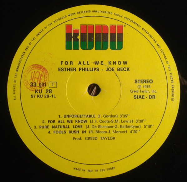 Esther Phillips With Joe Beck - For All We Know | Kudu (KU 28) - 2 Esther Phillips With Joe Beck - For All We Know | Kudu (KU 28) - 2
