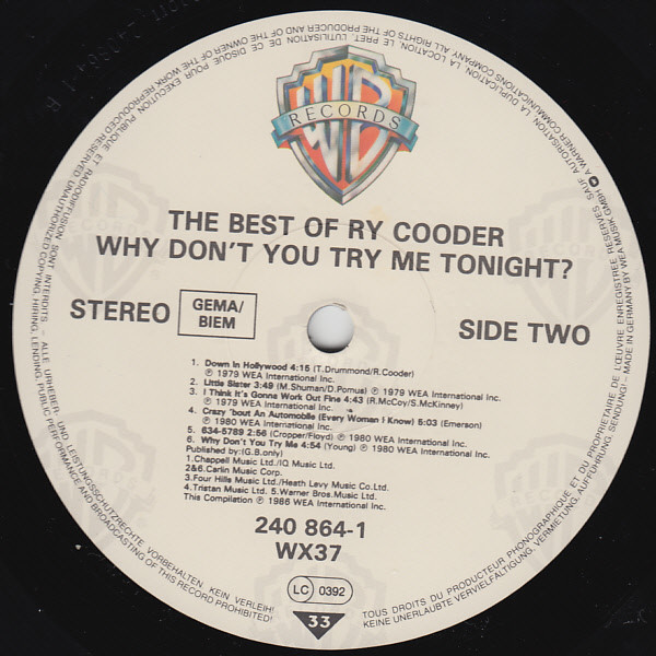Ry Cooder - Why Don't You Try Me Tonight? The Best Of Ry Cooder | Warner Bros. Records (240 864-1) - 4