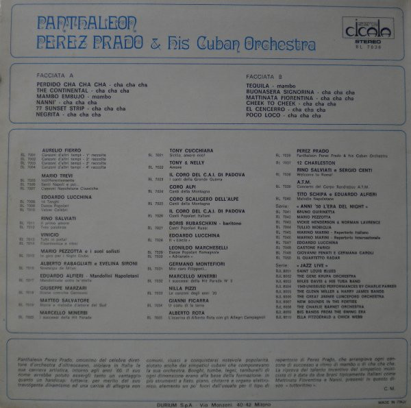 Pantaleón Perez Prado E La Sua Orchestra Cubana - "Panthaleon Perez Prado" & His Cuban Orchestra | Durium (BL 7036) - 2