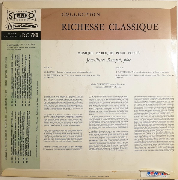 Georg Philipp Telemann - Wilhelm Friedemann Bach - Johann Christoph Pepusch - Jean-Baptiste Loeillet / Jean-Pierre Rampal , Mario Duschenes , Kenneth Gilbert - Musique Baroque Pour Flûte | Musidisc (30 RC 780) - 2