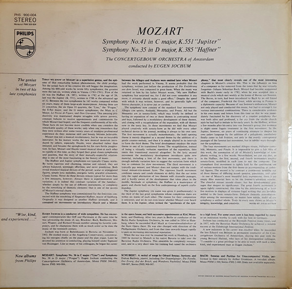 Wolfgang Amadeus Mozart , Eugen Jochum , Concertgebouworkest - Mozart Symphonies ♦ Jupiter ♦ Haffner | Philips (PHS 900-004) - 2