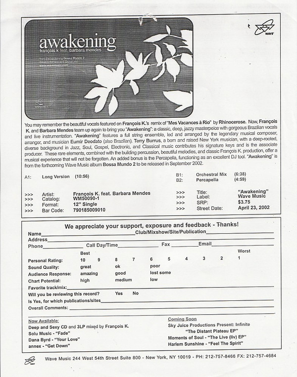 François Kevorkian Feat. Barbara Mendes - Awakening | Wave Music (WM50090-1) - main