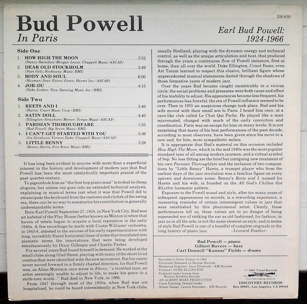 Bud Powell - Bud Powell In Paris | Discovery Records (DS-830) - 2