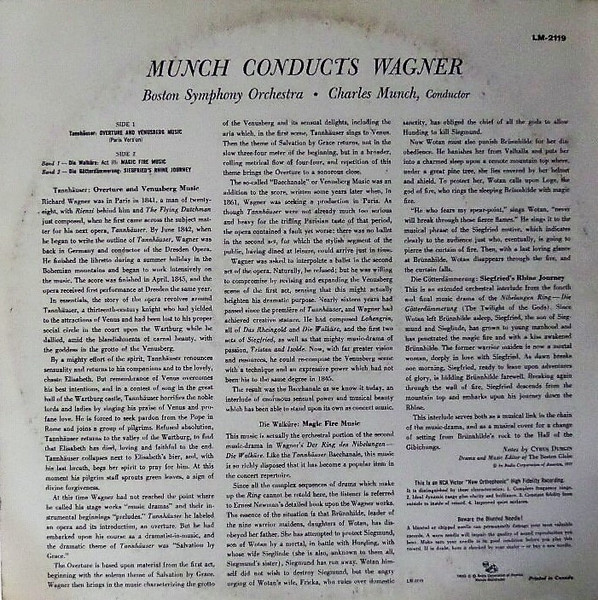 Richard Wagner , Boston Symphony Orchestra , Charles Munch - Music From Tannhäuser, Die Walküre And Die Götterdämmerung | RCA Victor (LM-2119) - 2