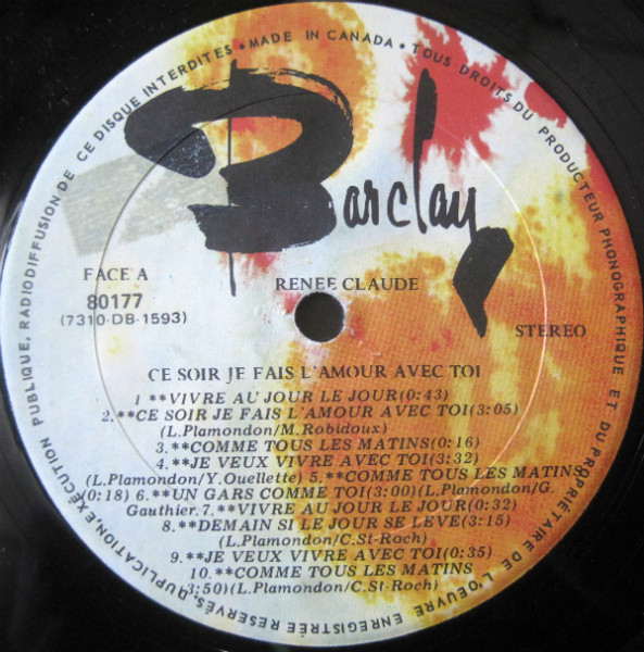 Renée Claude - Ce Soir Je Fais L'Amour Avec Toi [Vinyl] | Barclay (80177) - 3