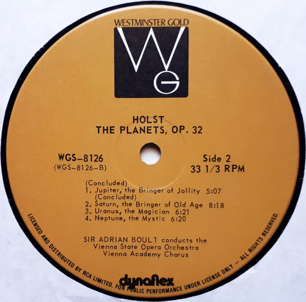 Gustav Holst , Sir Adrian Boult , Orchester Der Wiener Staatsoper And Wiener Akademie Kammerchor - The Planets [Vinyl] | Westminster Gold (WGS-8126) - 4