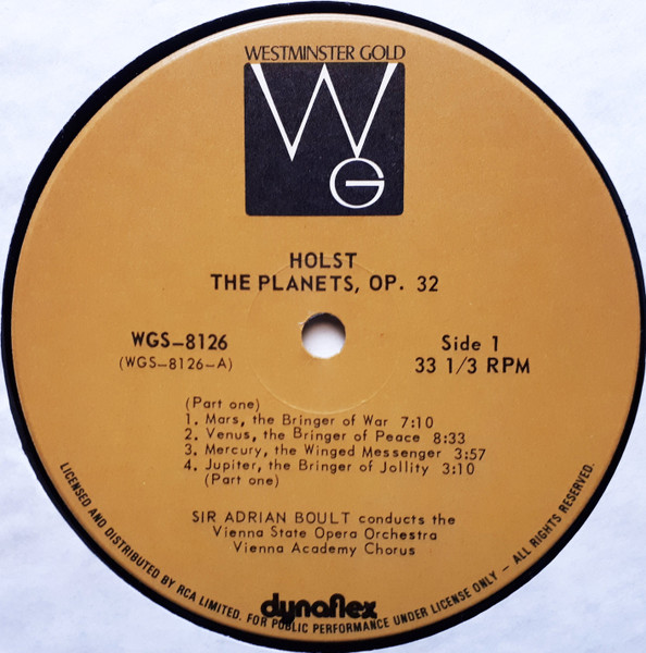 Gustav Holst , Sir Adrian Boult , Orchester Der Wiener Staatsoper And Wiener Akademie Kammerchor - The Planets [Vinyl] | Westminster Gold (WGS-8126) - 3