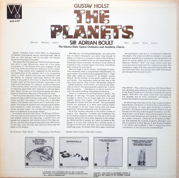 Gustav Holst , Sir Adrian Boult , Orchester Der Wiener Staatsoper And Wiener Akademie Kammerchor - The Planets [Vinyl] | Westminster Gold (WGS-8126) - 2