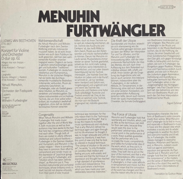 Ludwig van Beethoven , Yehudi Menuhin , Lucerne Festival Orchestra , Wilhelm Furtwängler - Violinkonzert | His Master's Voice (1C 027-01 570 M) - 2