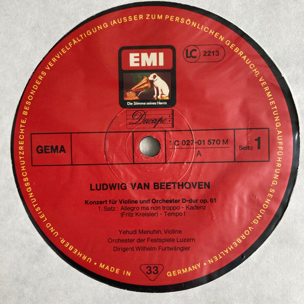 Ludwig van Beethoven , Yehudi Menuhin , Lucerne Festival Orchestra , Wilhelm Furtwängler - Violinkonzert | His Master's Voice (1C 027-01 570 M) - 3