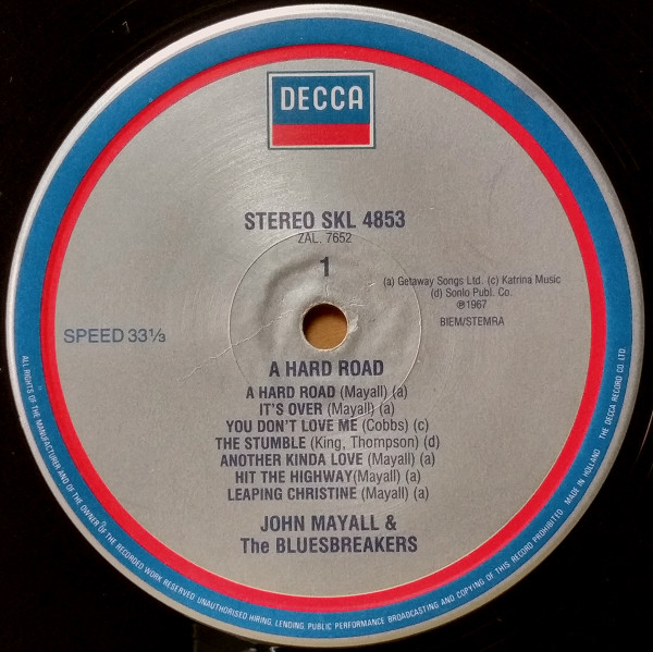 John Mayall & The Bluesbreakers - A Hard Road | Decca (SKL 4853) - 3 John Mayall & The Bluesbreakers - A Hard Road | Decca (SKL 4853) - 3