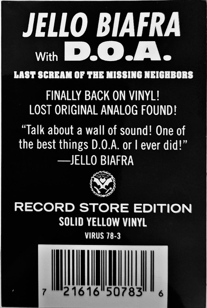 Jello Biafra With D.O.A. - Last Scream Of The Missing Neighbors (Yellow Vinyl) [Vinyl] | Alternative Tentacles (Virus 078) - 3