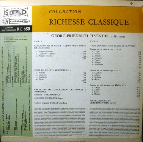 Georg Friedrich Händel , Orchestre De L'Association Des Concerts Pasdeloup , Gérard Devos - Trois Sonates Pour Flûte Et Clavecin - Concerto Pour Harpe Et Orchestre - Suite Du Ballet "Terpsichore" | Musidisc (30 RC 680) - 3