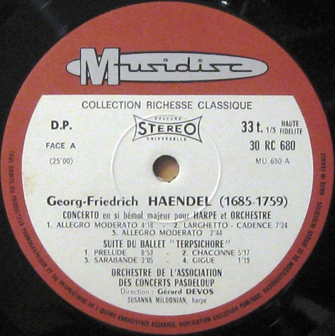 Georg Friedrich Händel , Orchestre De L'Association Des Concerts Pasdeloup , Gérard Devos - Trois Sonates Pour Flûte Et Clavecin - Concerto Pour Harpe Et Orchestre - Suite Du Ballet "Terpsichore" | Musidisc (30 RC 680) - 4