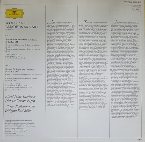 Wolfgang Amadeus Mozart , Alfred Prinz ∙ Dietmar Zeman , Wiener Philharmoniker ∙ Karl Böhm - Klarinettenkonzert (Clarinet Concerto) ∙ Fagottkonzert (Bassoon Concerto) | Deutsche Grammophon (2530 411) - 2