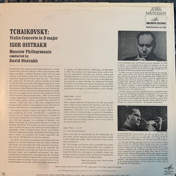 Pyotr Ilyich Tchaikovsky , Igor Oistrach , David Oistrach Conducting Moscow Philharmonic Orchestra - Violin Concerto In D Major | Melodiya/Celebria (SR-40009) - 2