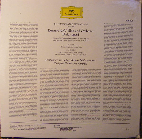 Ludwig Van Beethoven , Christian Ferras , Herbert von Karajan , Berliner Philharmoniker - Violinkonzert D-Dur | Deutsche Grammophon (139 021) - 2