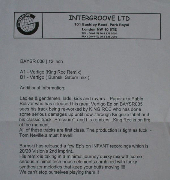 Paper - Vertigo | Bay Street Recordings (BAYSR 006) - main Paper - Vertigo | Bay Street Recordings (BAYSR 006) - main