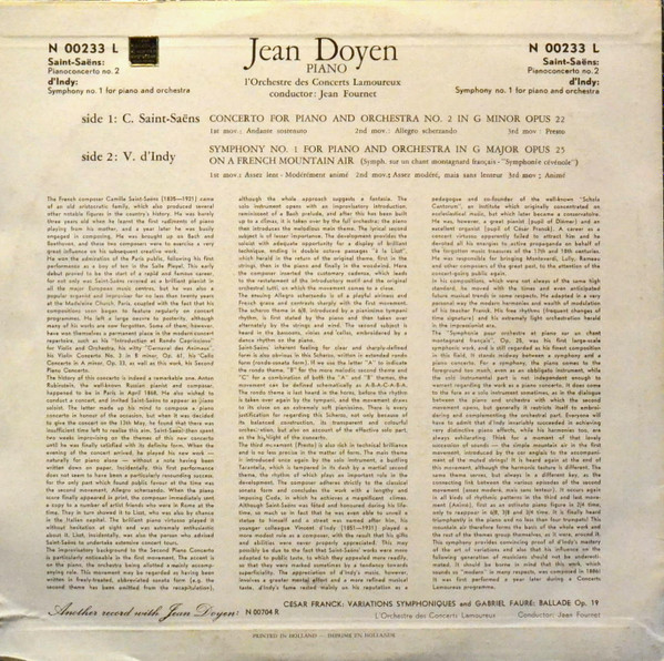 Camille Saint-Saëns / Vincent d'Indy - Jean Doyen , Orchestre Des Concerts Lamoureux Conductor Jean Fournet - Concerto For Piano And Orchestra N° 2 / Symphony No. 1 For Orchestra And Piano | Philips (N 00233 L) - 2