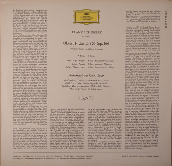 Franz Schubert / Philharmonisches Oktett Berlin - Oktett F-dur D. 803 | Deutsche Grammophon (139 102 SLPM) - 2