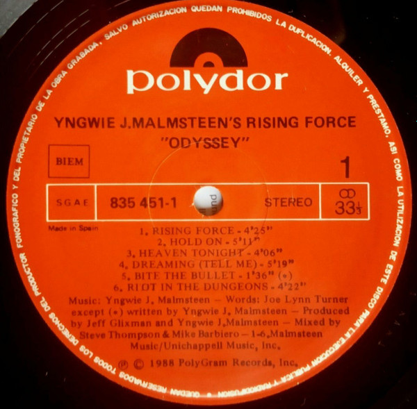 Yngwie J. Malmsteen's Rising Force - Odyssey | Polydor (835 451-1) - 3