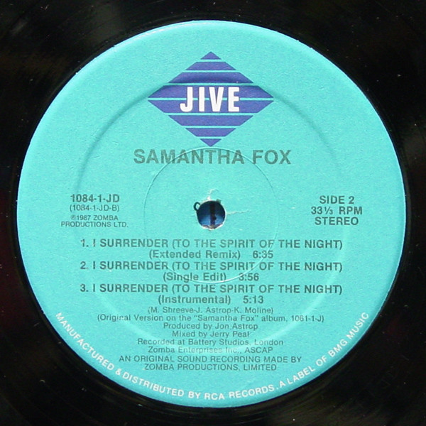 Samantha Fox - Naughty Girls (Need Love Too) / I Surrender (To The Spirit Of The Night) | Jive (1084-1-JD) - 3
