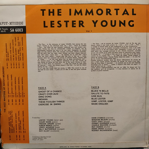 Lester Young - The Immortal Lester Young Vol. 1 | Savoy-Musidisc (SA 6003) - 2 Lester Young - The Immortal Lester Young Vol. 1 | Savoy-Musidisc (SA 6003) - 2