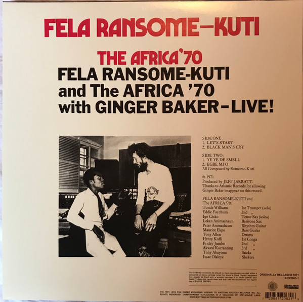 Fela Kuti And Africa 70 With Ginger Baker - Live! | Knitting Factory Records (KFR2003-1) - 2