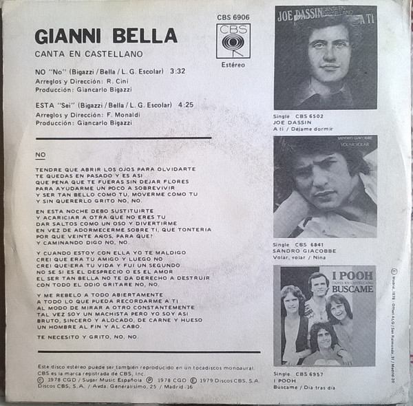 Gianni Bella - Canta En Castellano No | CBS (CBS 6906) - 2