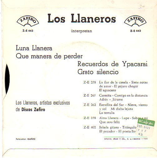 Los Llaneros - Luna Llanera / Qué Manera De Perder / Recuerdos De Ypacaray / Grato Silencio | Zafiro (Z-E 443) - 2