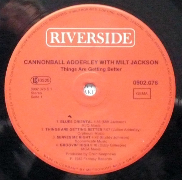 Cannonball Adderley With Milt Jackson - Things Are Getting Better | Riverside Records (0902076) - 3 Cannonball Adderley With Milt Jackson - Things Are Getting Better | Riverside Records (0902076) - 3