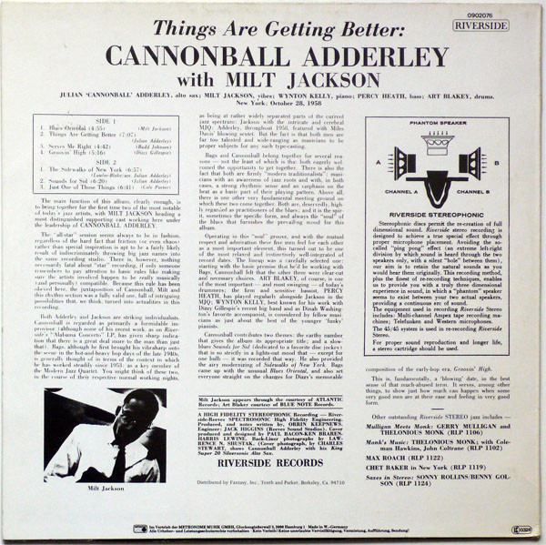 Cannonball Adderley With Milt Jackson - Things Are Getting Better | Riverside Records (0902076) - 2 Cannonball Adderley With Milt Jackson - Things Are Getting Better | Riverside Records (0902076) - 2