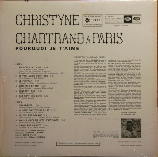 Christine Chartrand - Christyne Chartrand À Paris - Pourquoi Je T'Aime | Capitol Records (ST-70.018) - 2