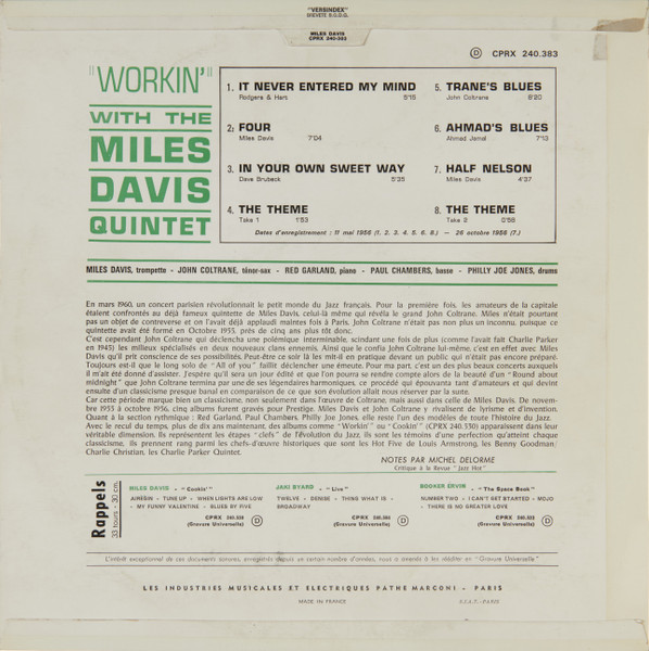 The Miles Davis Quintet Featuring John Coltrane - Workin' | Prestige (CPRX 240 383 D) - 2 The Miles Davis Quintet Featuring John Coltrane - Workin' | Prestige (CPRX 240 383 D) - 2