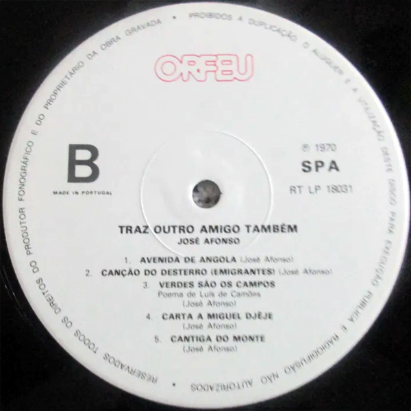 José Afonso - Traz Outro Amigo Também | Orfeu (RT LP 18031) - 4
