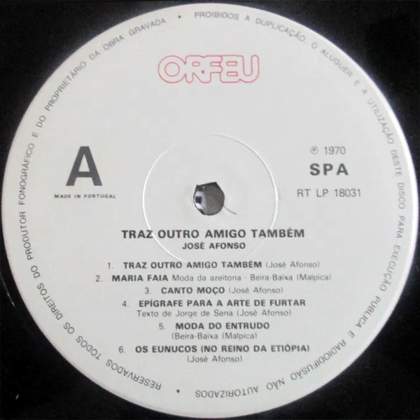 José Afonso - Traz Outro Amigo Também | Orfeu (RT LP 18031) - 3