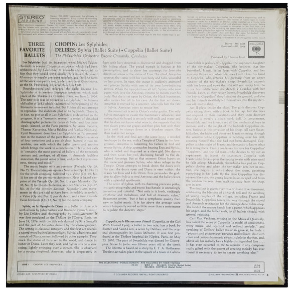 Frédéric Chopin / Léo Delibes - Eugene Ormandy , The Philadelphia Orchestra - Three Favorite Ballets (Les Sylphides / Suite From Sylvia / Suite From Coppélia) | Columbia Masterworks (MS 6508) - 2