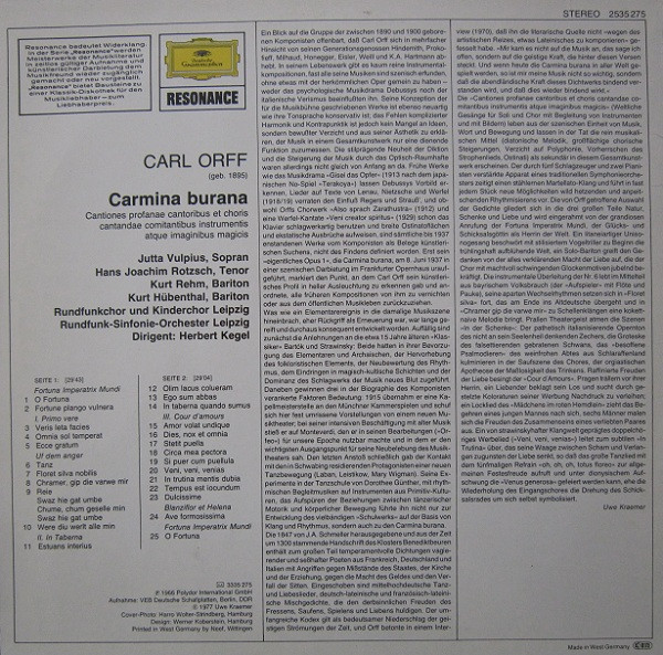 Carl Orff - Herbert Kegel , Rundfunk-Sinfonie-Orchester Leipzig , Rundfunkchor Leipzig Und Rundfunk-Kinderchor Leipzig , Jutta Vulpius , Hans-Joachim Rotzsch , Kurt Rehm , Kurt Hübenthal - Carmina Burana | Deutsche Grammophon (2535 275) - 2 Carl Orff - Herbert Kegel , Rundfunk-Sinfonie-Orchester Leipzig , Rundfunkchor Leipzig Und Rundfunk-Kinderchor Leipzig , Jutta Vulpius , Hans-Joachim Rotzsch , Kurt Rehm , Kurt Hübenthal - Carmina Burana | Deutsche Grammophon (2535 275) - 2