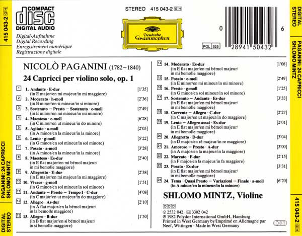 Shlomo Mintz - Niccolò Paganini - 24 Capricci | Deutsche Grammophon (415 043-2) - 2