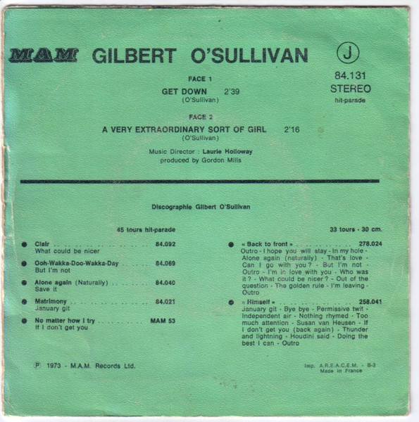 Gilbert O'Sullivan - Get Down / A Very Extraordinary Sort Of Girl | MAM (84.131) - 2