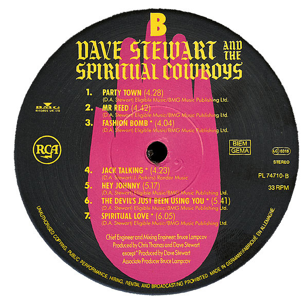 Dave Stewart And The Spiritual Cowboys - Dave Stewart And The Spiritual Cowboys | RCA (PL74710) - 3