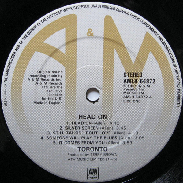 Toronto - Head On | A&M Records (AMLH 64872) - 3