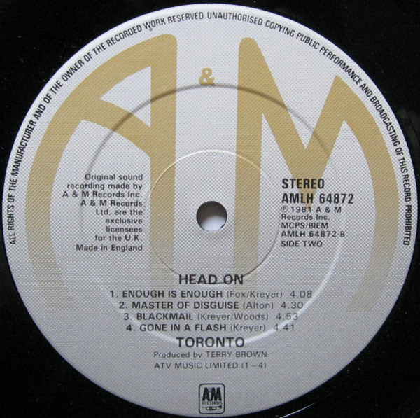 Toronto - Head On | A&M Records (AMLH 64872) - 4