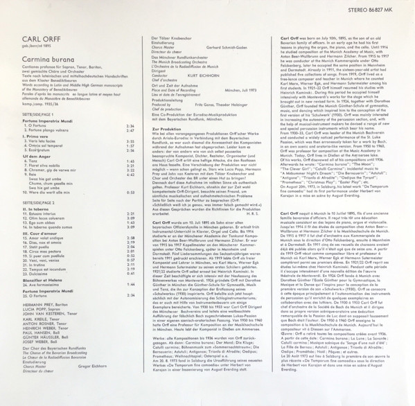 Carl Orff - Lucia Popp · John van Kesteren · Hermann Prey , Chor Des Bayerischen Rundfunks · Tölzer Knabenchor , Münchner Rundfunkorchester , Kurt Eichhorn - Carmina Burana (Cantiones Profanae) | Eurodisc (86 827 MK) - 4