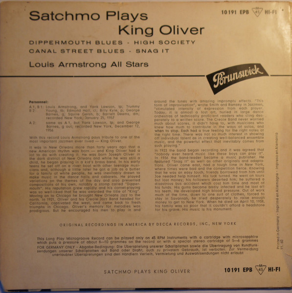 Louis Armstrong And His All-Stars - Satchmo Plays King Oliver | Brunswick (10 191 EPB) - 2 Louis Armstrong And His All-Stars - Satchmo Plays King Oliver | Brunswick (10 191 EPB) - 2