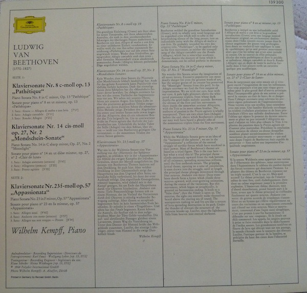 Ludwig van Beethoven · Wilhelm Kempff - Sonaten  Pathétique / Mondschein = Moonlight / Appassionata | Deutsche Grammophon (139 300) - 2
